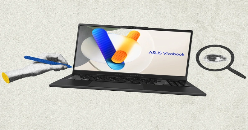 نمایی گرافیکی از لپ‌تاپ Asus Vivobook Pro 15 با طراحی هنری و المان‌های بررسی
