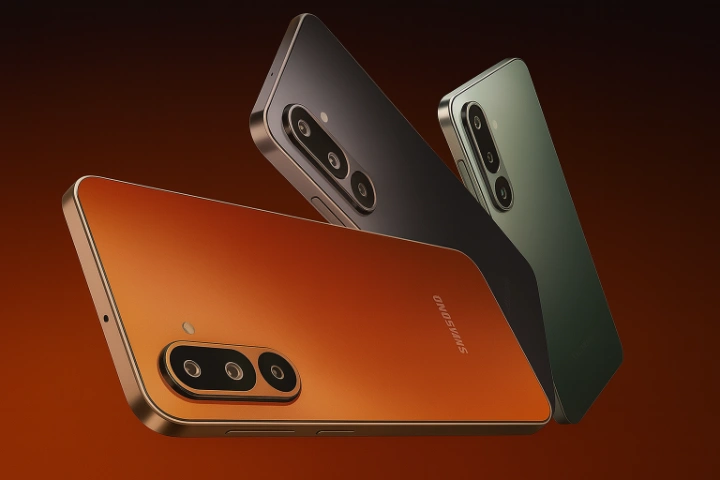 نمای پشتی سه رنگ مختلف از گوشی Samsung Galaxy M36 در پسزمینه گرادیان نارنجی-مشکی