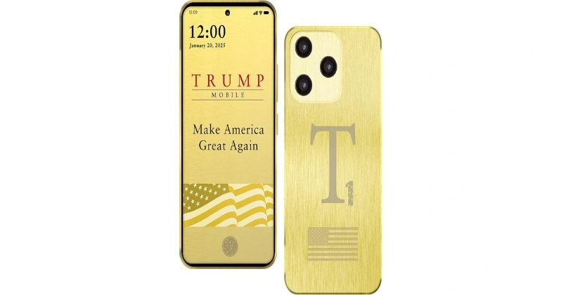 نمای جلو و پشت گوشی طلایی Trump Mobile T1 با شعار Make America Great Again
