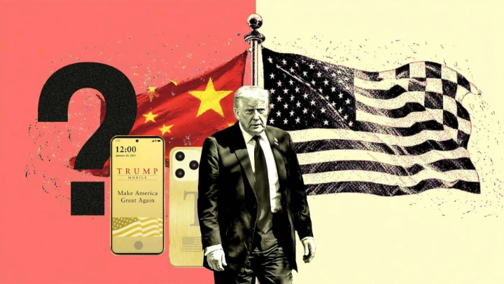 دونالد ترامپ در کنار گوشی Trump Mobile T1، در پسزمینه پرچمهای آمریکا و چین و نماد سؤال درباره محل ساخت