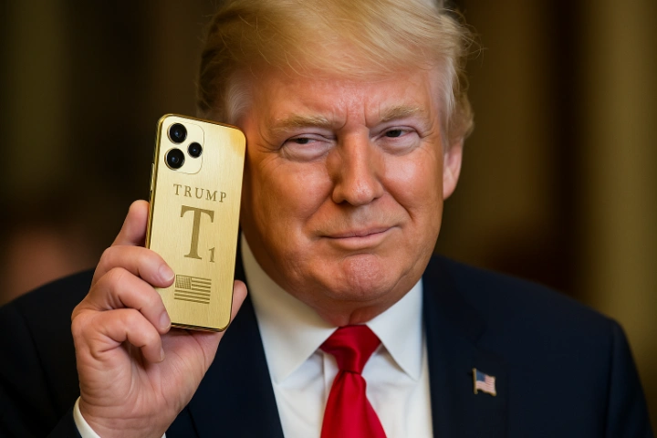 نمای نزدیک از گوشی طلایی Trump T1 با طراحی پرزرقوبرق در دست فردی با کت و کراوات