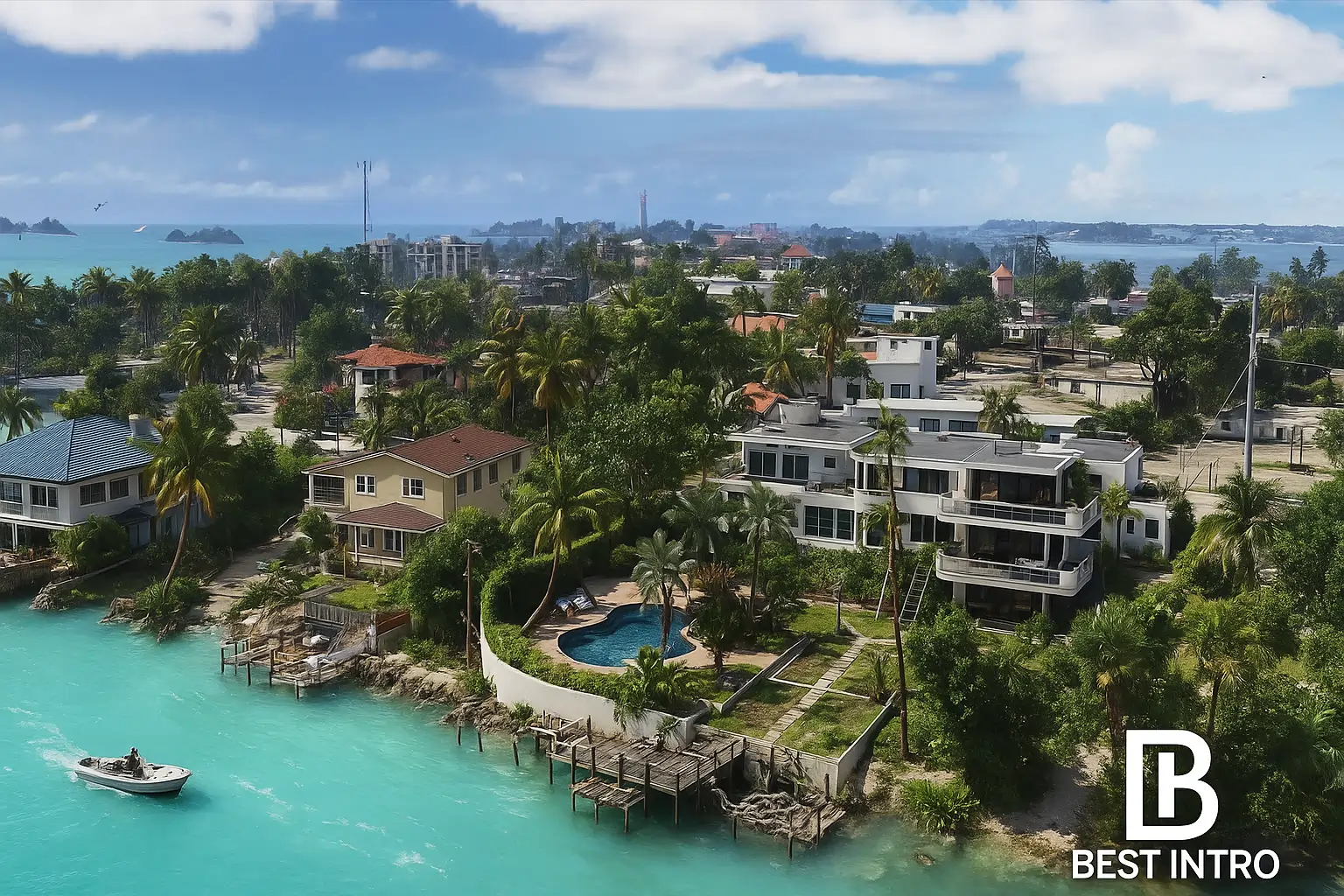 نمایی هوایی از سواحل استوایی Vice City در بازی GTA VI همراه با خانههای لوکس، درختان نخل و قایق، با لوگوی BestIntro در پایین تصویر
