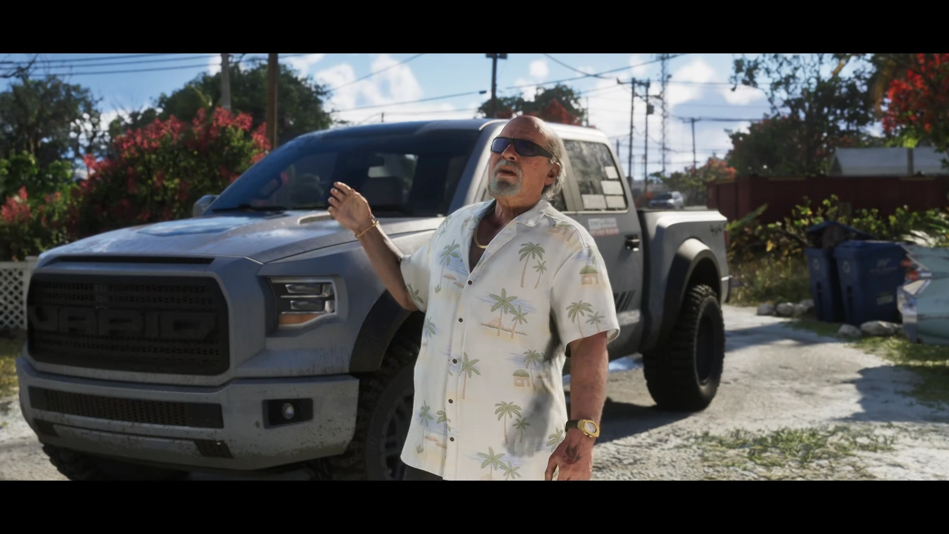 برایان هدر، قاچاقچی کهنهکار در تریلر GTA VI، با پیراهن هاوایی و عینک آفتابی در کنار وانت شخصیاش