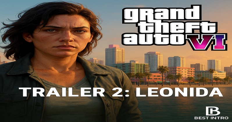 شخصیت لوسیا در مقابل خط ساحلی Vice City در تریلر دوم بازی GTA VI با لوگوی Grand Theft Auto VI و عنوان Trailer 2: Leonida